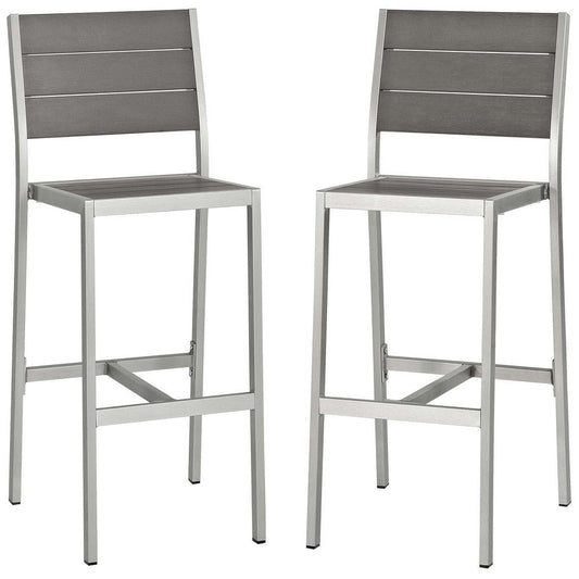 Modway Shore Outdoor Patio Aluminum Set of 2 Armless Bar Stool in Silver Gray