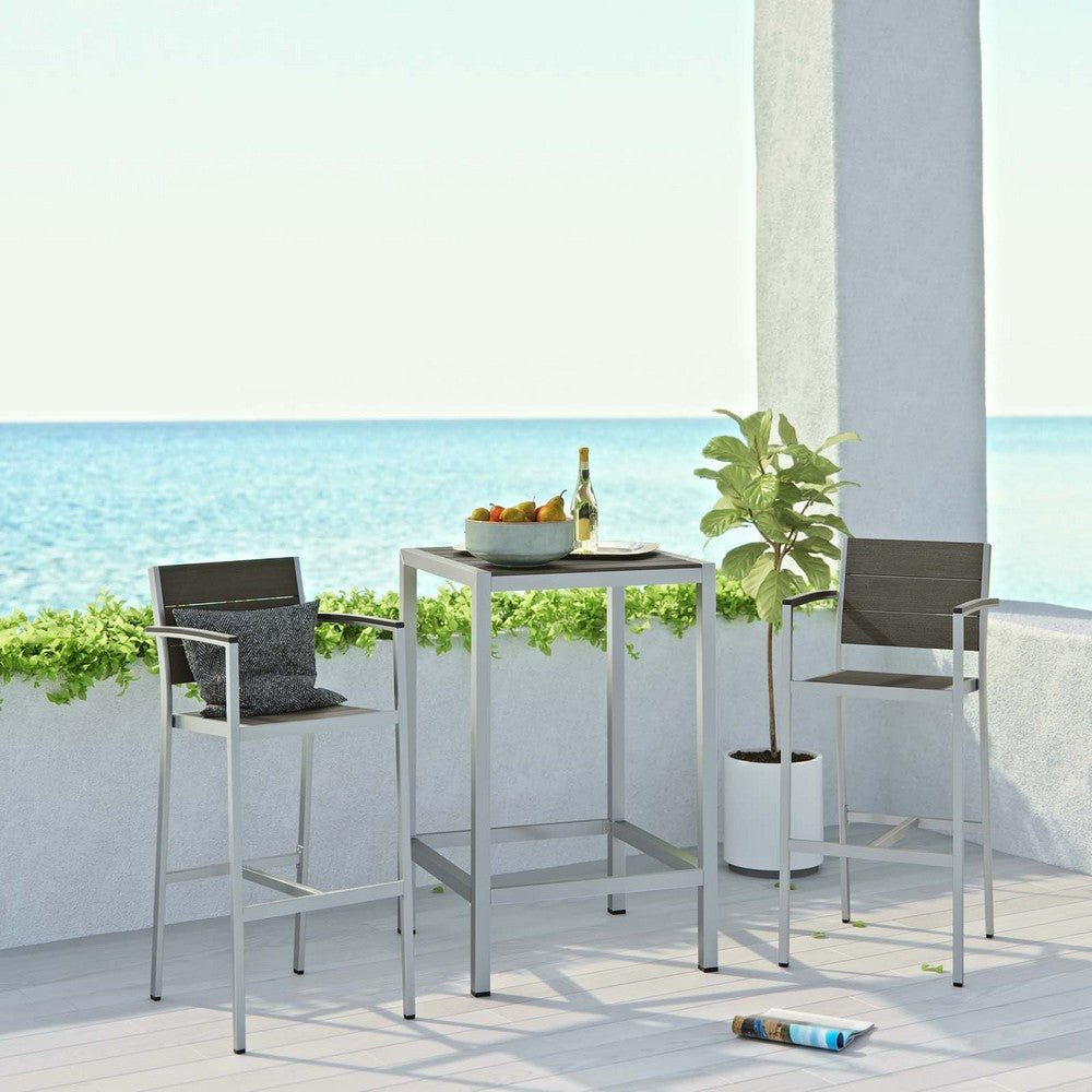 Modway Shore Aluminum 3-Piece Outdoor Patio Pub Bistro Set with 28’’ Bar Table and Two Bar Stools in Silver Gray MDY-EEI-3157-SLV-GRY-SET