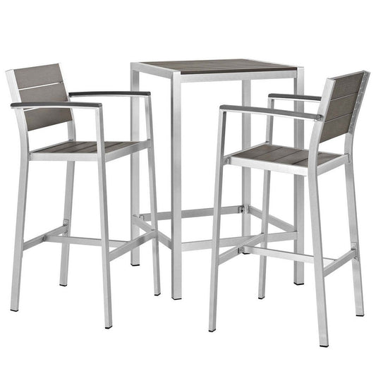 Modway Shore Aluminum 3-Piece Outdoor Patio Pub Bistro Set with 28" Bar Table and Two Bar Stools in Silver Gray