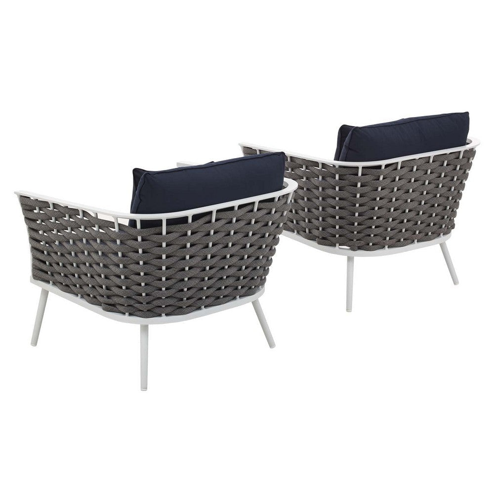 Modway Stance Outdoor Patio Woven Rope Two Dining Arm Chairs with Cushions in White Navy MDY-EEI-3162-WHI-NAV-SET