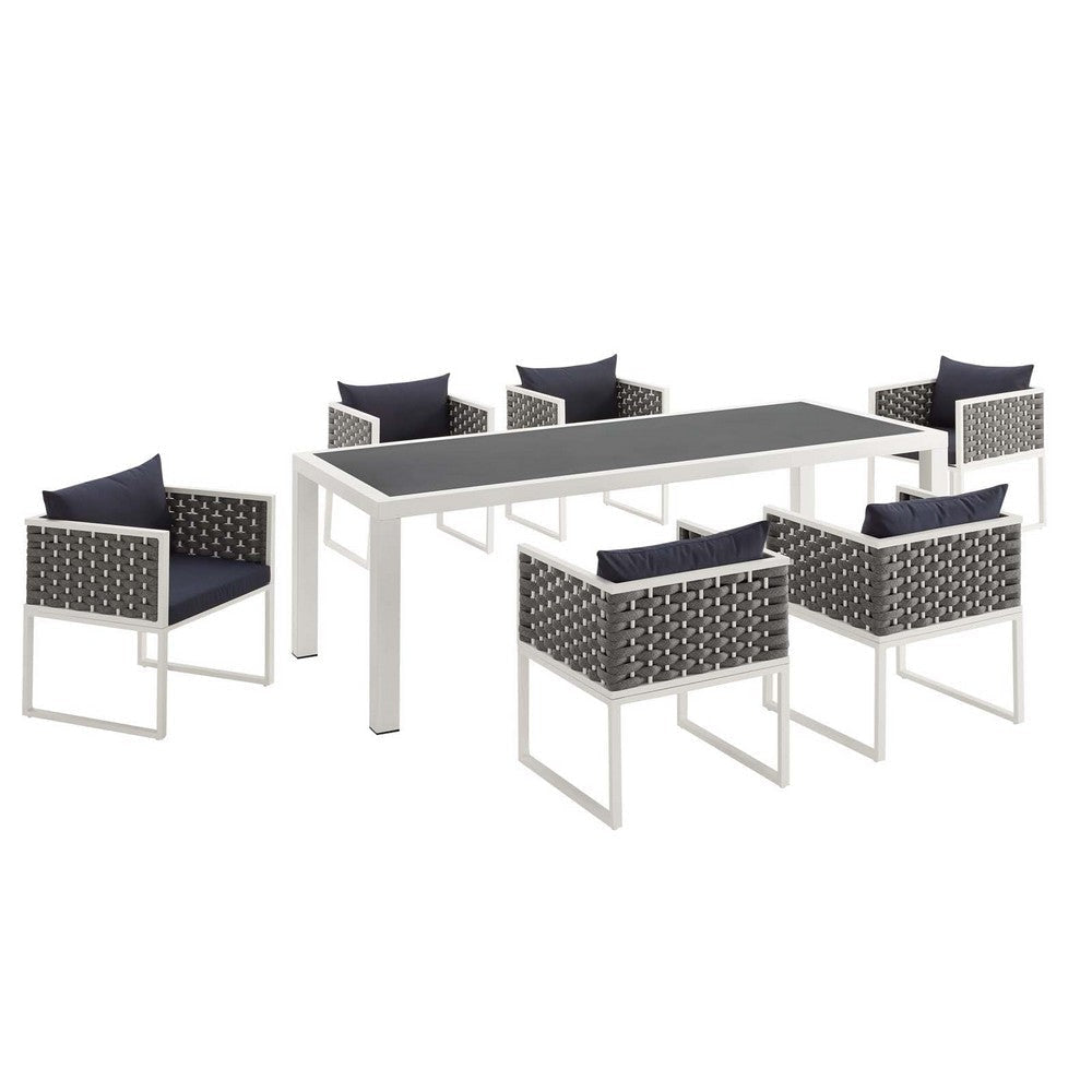 Modway Stance Outdoor Patio Woven Rope 7-Piece Dining Furniture Set MDY-EEI-3185-WHI-NAV-SET