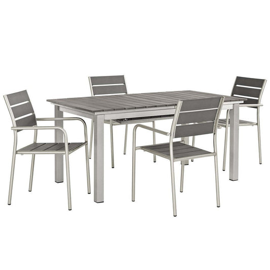 Modway Shore 5-Piece Aluminum Outdoor Patio Furniture Dining Set with Extendable 62 to 94 Inch Dining Table and Four Dining Arm Chairs in Silver Gray