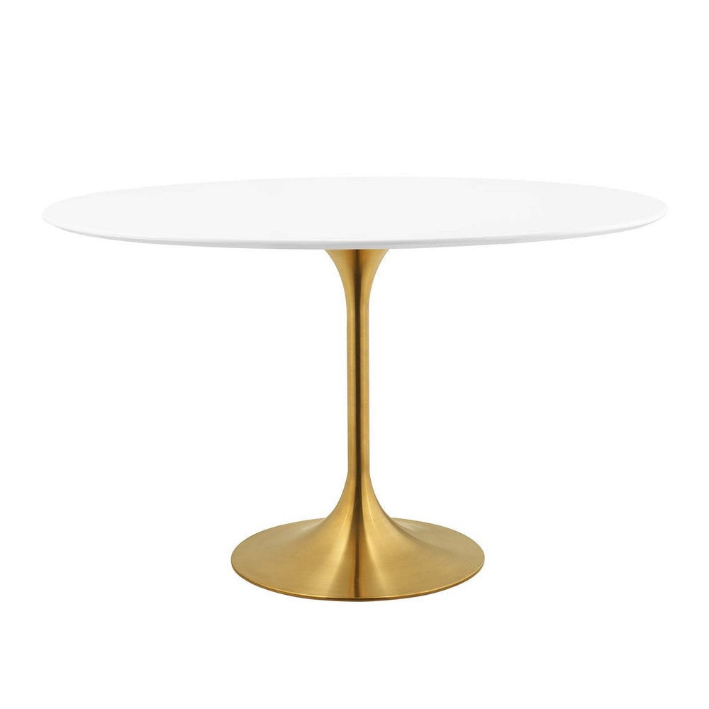 Modway Lippa 48" Oval-Shaped Mid-Century Modern Dining Table with White Wood Top and Gold Base