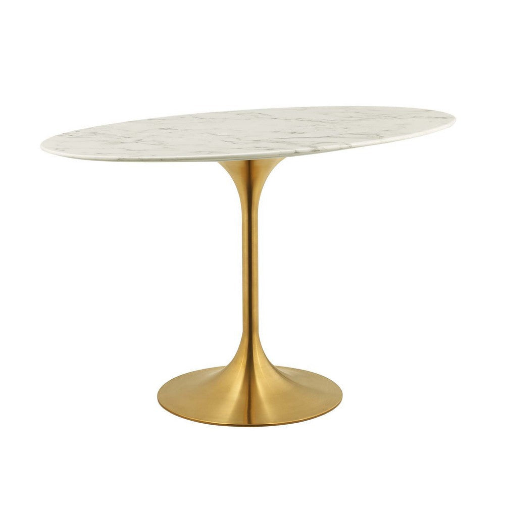 Modway Lippa 48’’ Oval-Shaped Mid-Century Modern Dining Table with Artificial Marble Top and Gold Base MDY-EEI-3216-GLD-WHI