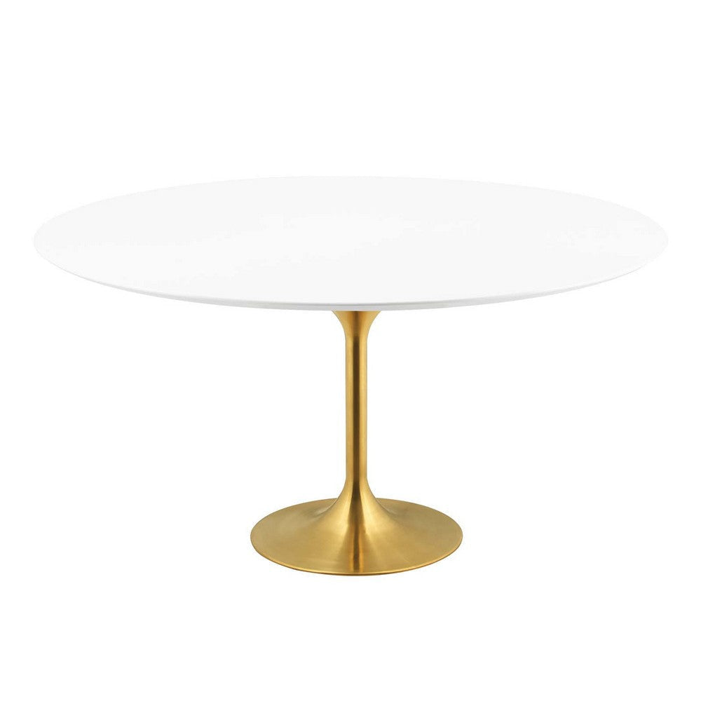 Modway Lippa 60" Mid-Century Modern Dining Table with Round White Top and Pedestal Base in Gold White