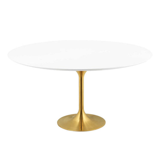 Modway Lippa 60" Mid-Century Modern Dining Table with Round White Top and Pedestal Base in Gold White