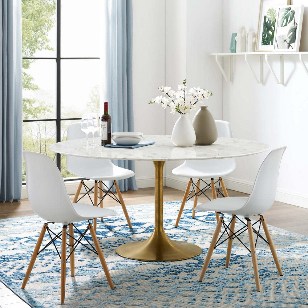 Modway Lippa 60’’ Mid-Century Dining Table with Round Artificial Marble Top in Gold White MDY-EEI-3234-GLD-WHI