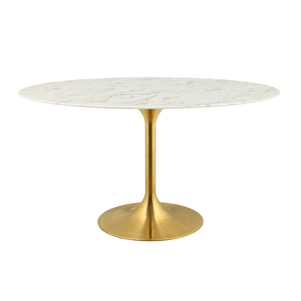 Modway Lippa 54’’ Oval-Shaped Mid-Century Modern Dining Table with Artificial Marble Top and Gold Base MDY-EEI-3235-GLD-WHI