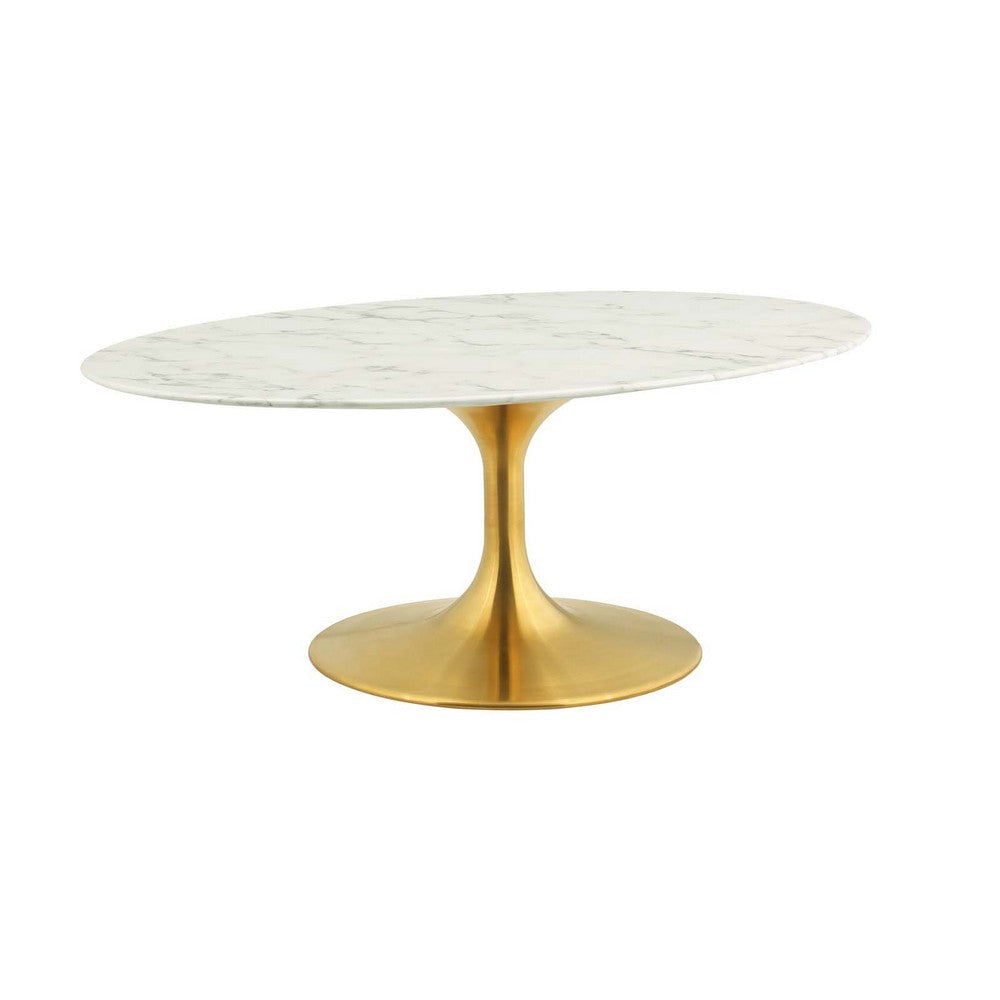 Modway Lippa Mid-Century Modern 42’’ Oval Artificial Marble Coffee Table in Gold White MDY-EEI-3249-GLD-WHI