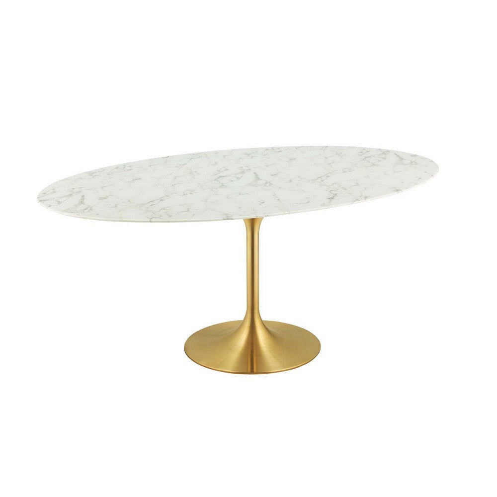 Modway Lippa 78’’ Oval-Shaped Mid-Century Modern Dining Table with Artificial Marble Top and Gold Base MDY-EEI-3257-GLD-WHI