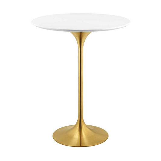 Modway Lippa 28" Mid-Century Modern Bar Table with Round White Top and Gold Pedestal Base