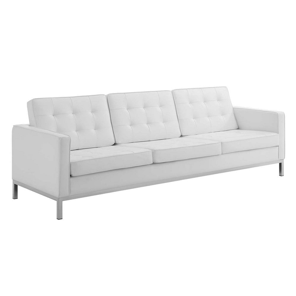 Modway Loft Tufted Button Faux Leather Upholstered Sofa in Silver White