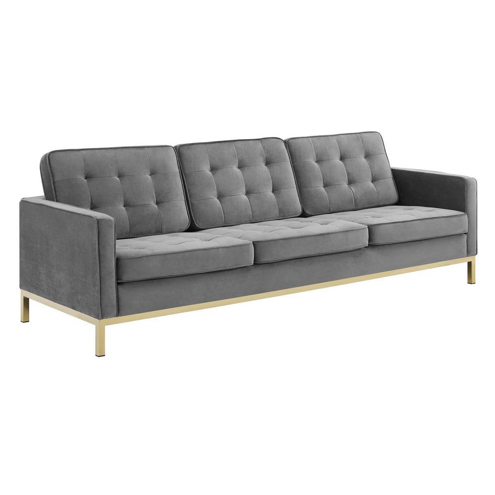 Modway Loft Tufted Button Performance Velvet Upholstered Sofa in Gold Gray