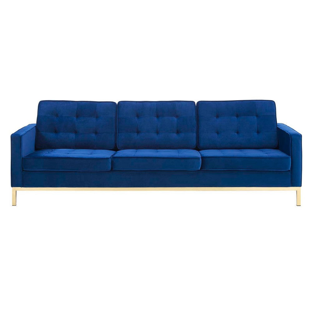 Modway Loft Tufted Button Performance Velvet Upholstered Sofa in Gold Navy MDY-EEI-3387-GLD-NAV