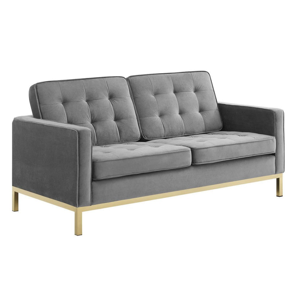 Modway Loft Tufted Button Performance Velvet Upholstered Loveseat in Gold Gray