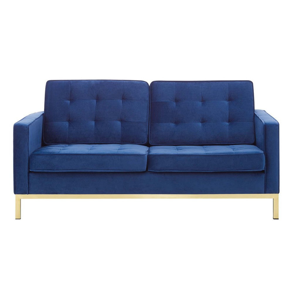 Modway Loft Tufted Button Performance Velvet Upholstered Loveseat in Gold Navy MDY-EEI-3390-GLD-NAV