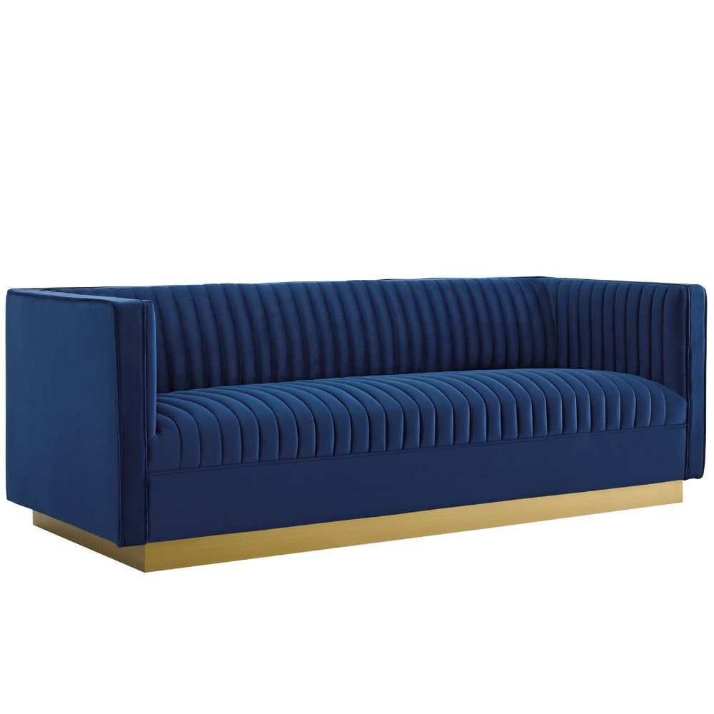 Modway Sanguine Vintage Glamour Channel Tufted Performance Velvet Upholstered Sofa in Navy MDY-EEI-3405-NAV