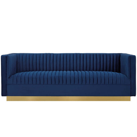 Modway Sanguine Vintage Glamour Channel Tufted Performance Velvet Upholstered Sofa in Navy