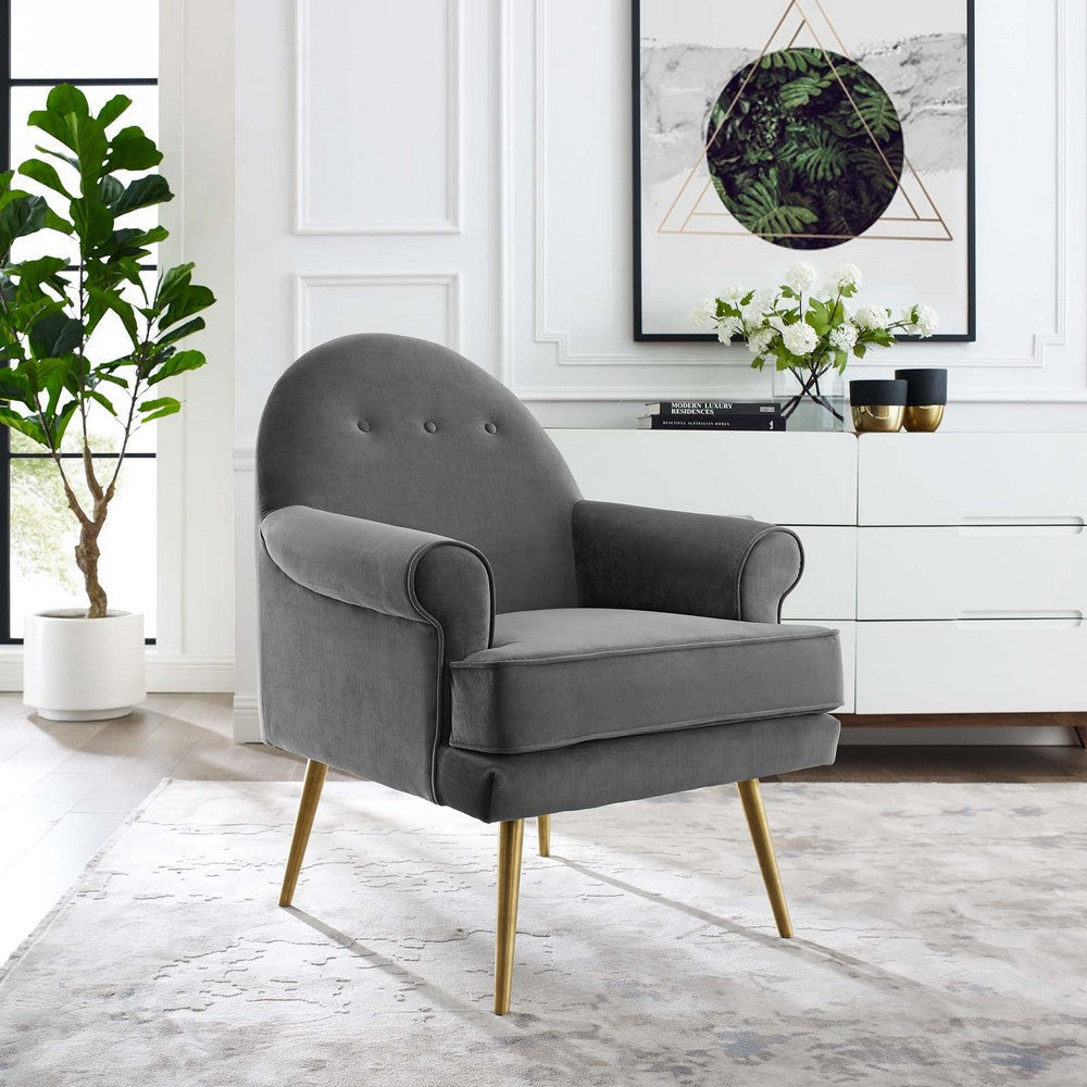 Modway Revive Mid-Century Modern Upholstered Performance Velvet Accent Lounge Arm Chair in Gray