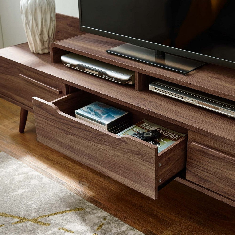 Modway Omnistand 74" Mid-Century Modern Low Profile Media Console Entertainment TV Stand in Walnut