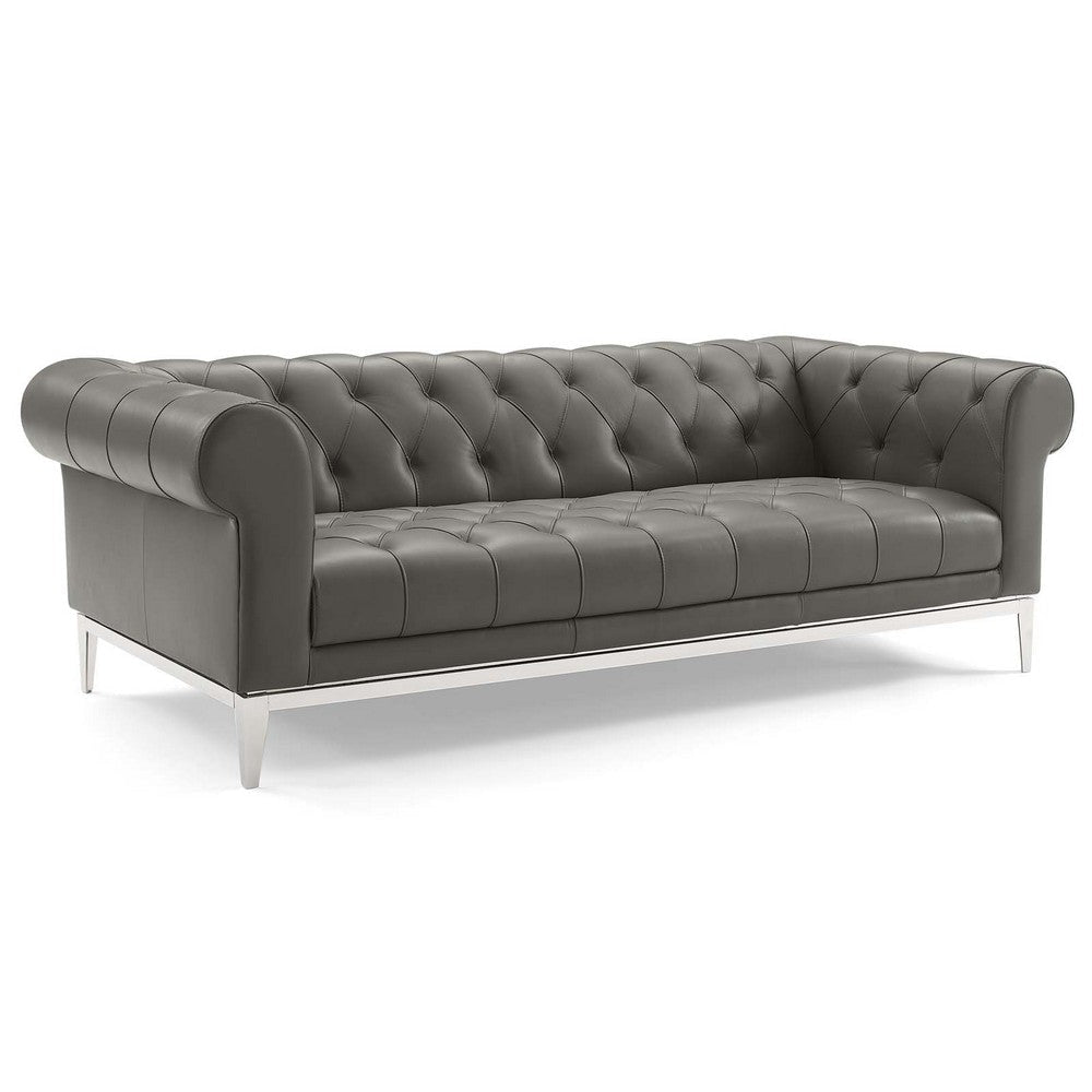 Modway Idyll Tufted Button Upholstered Leather Chesterfield Sofa, Gray