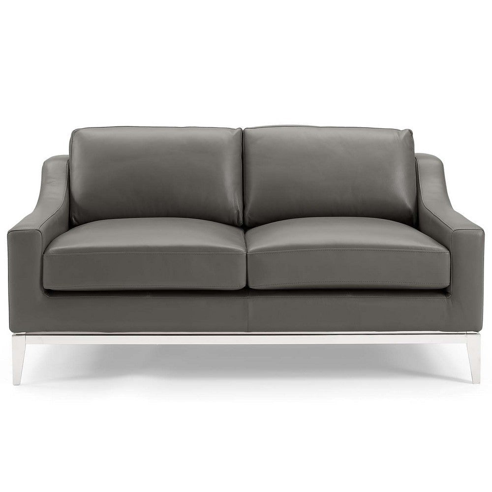 Modway Harness 64" Leather Loveseat in Gray with Stainless Steel Base