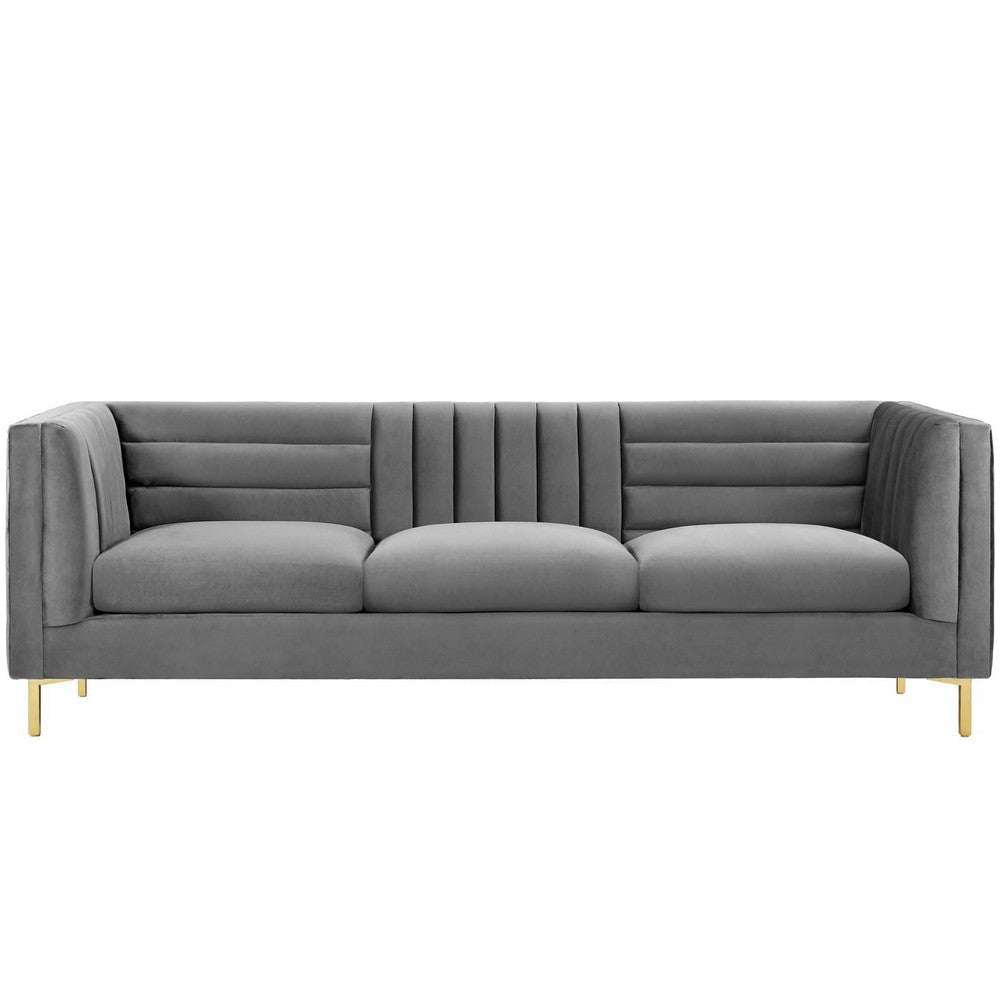 Modway Ingenuity Channel Tufted Performance Velvet Sofa with Gold Stainless Steel Legs in Gray