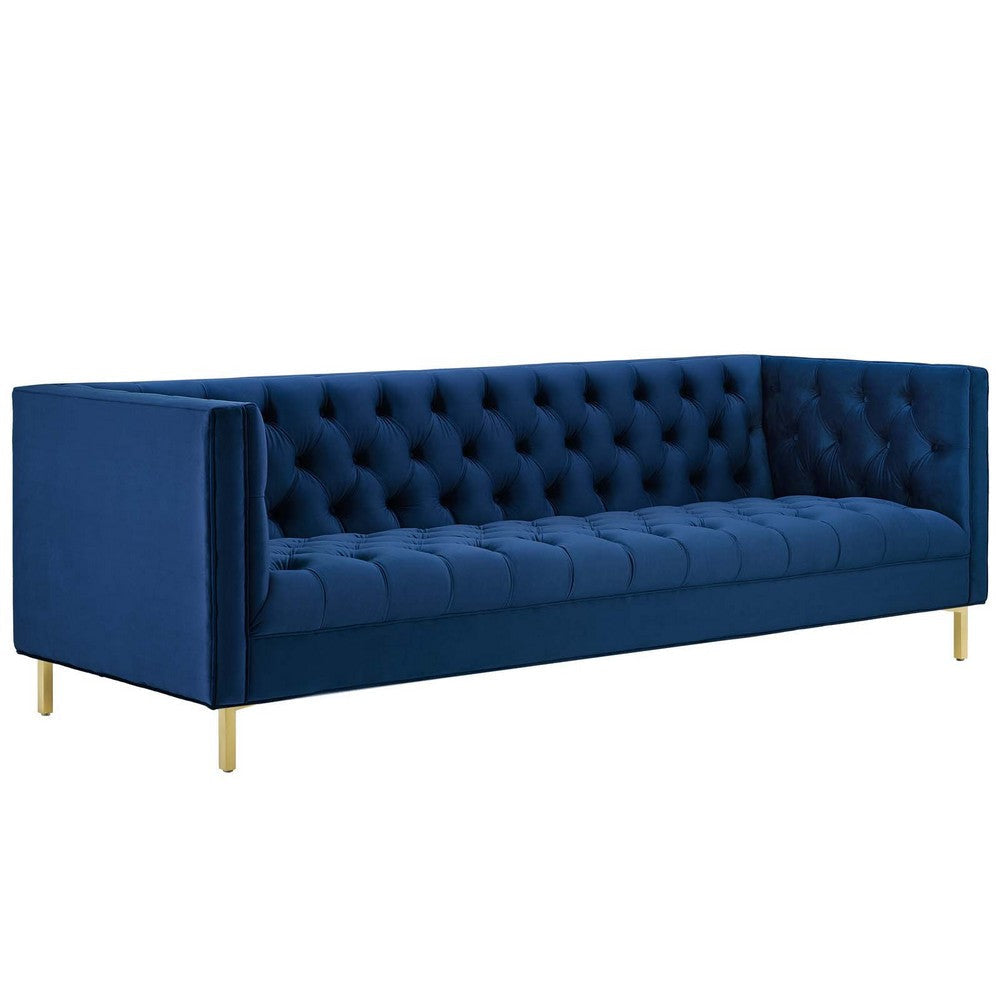 Modway Delight Tufted Button Performance Velvet Tuxedo Sofa with Gold Stainless Steel Legs in Navy MDY-EEI-3455-NAV