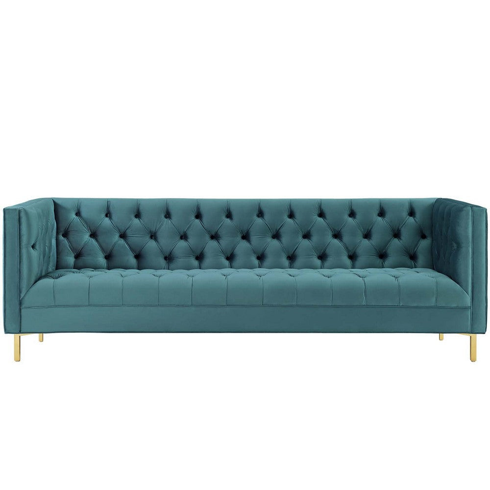 Modway Delight Tufted Button Performance Velvet Tuxedo Sofa with Gold Stainless Steel Legs in Sea