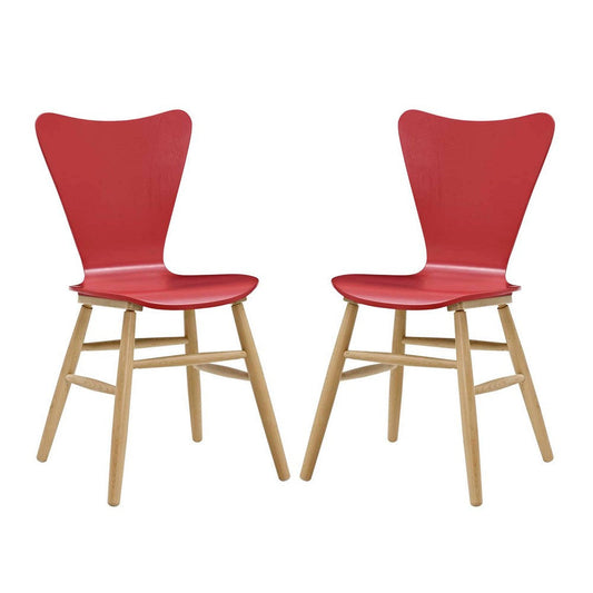 Modway Cascade Mid-Century Modern Wood Two Kitchen and Dining Room Chairs in Red