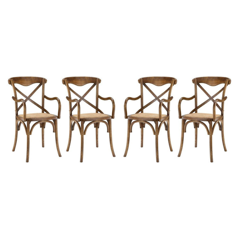 Modway Gear Rustic Modern Farmhouse Elm Wood Rattan Four Dining Armchairs in Walnut