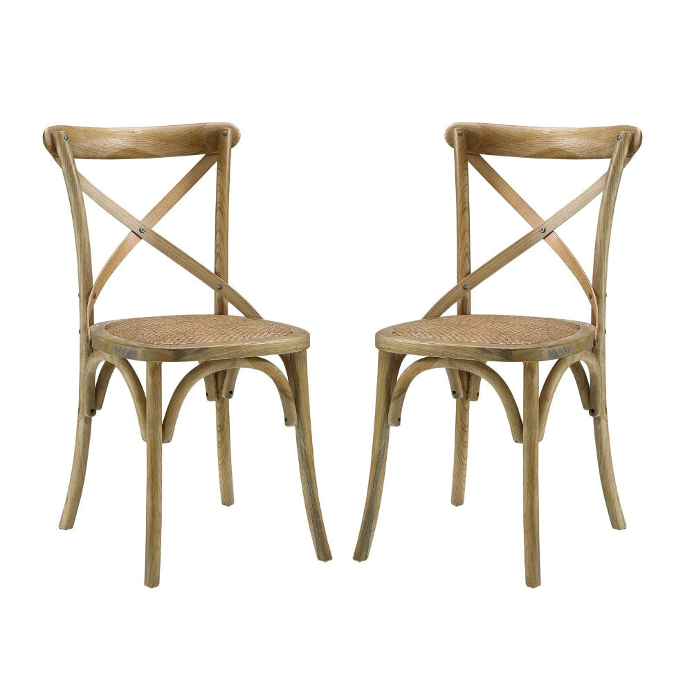 Modway Gear Rustic Modern Farmhouse Elm Wood Rattan Two Dining Chairs in Natural