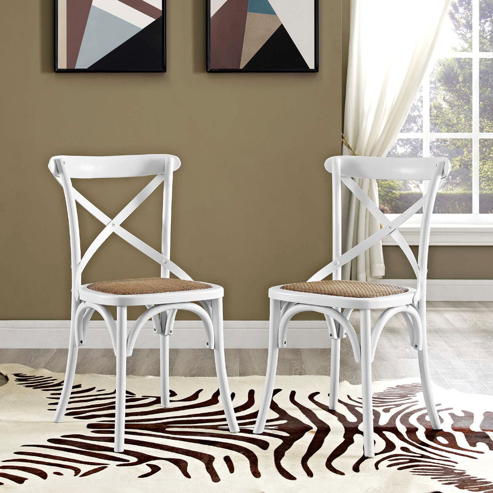 Modway Gear Rustic Modern Farmhouse Elm Wood Rattan Two Dining Chairs in White MDY-EEI-3481-WHI