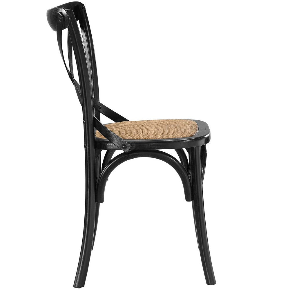 Modway Gear Rustic Modern Farmhouse Elm Wood Rattan Four Dining Chairs in Black MDY-EEI-3482-BLK