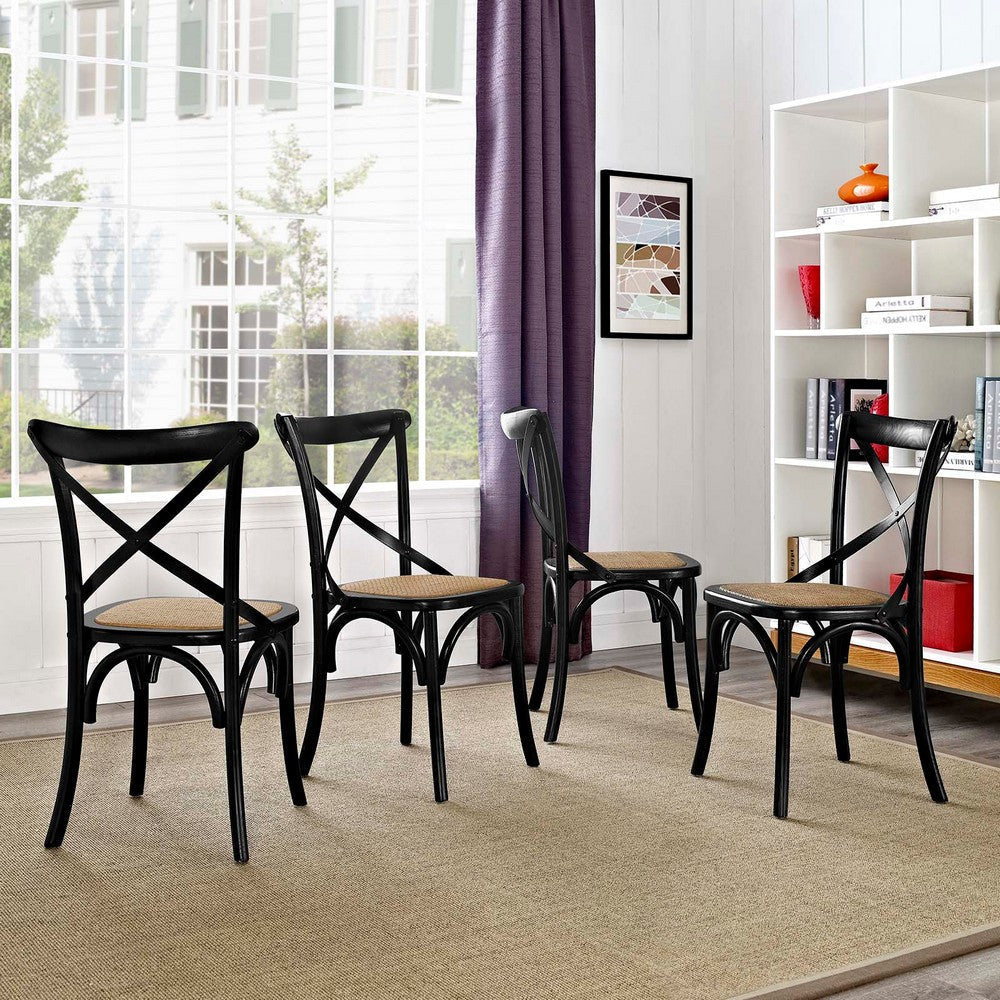 Modway Gear Rustic Modern Farmhouse Elm Wood Rattan Four Dining Chairs in Black MDY-EEI-3482-BLK