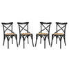 Modway Gear Rustic Modern Farmhouse Elm Wood Rattan Four Dining Chairs in Black