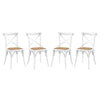 Modway Gear Rustic Modern Farmhouse Elm Wood Rattan Four Dining Chairs in White