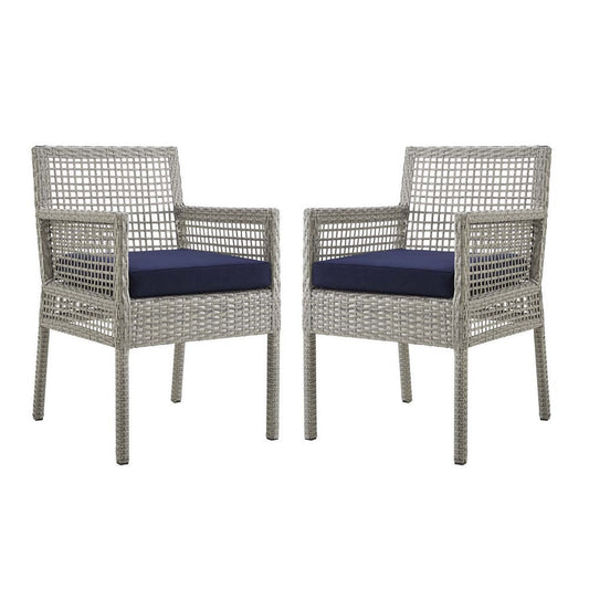 Modway Aura Dining Armchair Outdoor Patio Wicker Rattan, Set of 2, Gray Navy