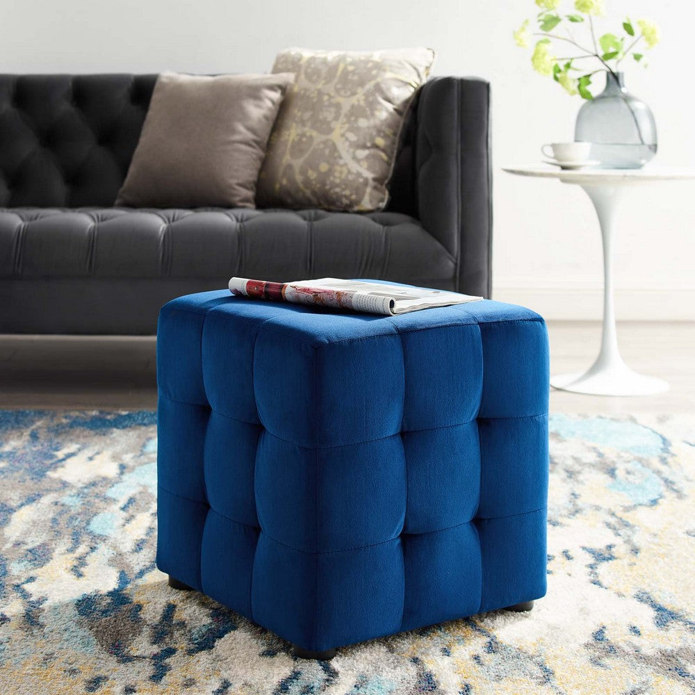 Modway Contour Tufted Button Cube Performance Velvet Ottoman, Navy 15.5"L x 15.5"H