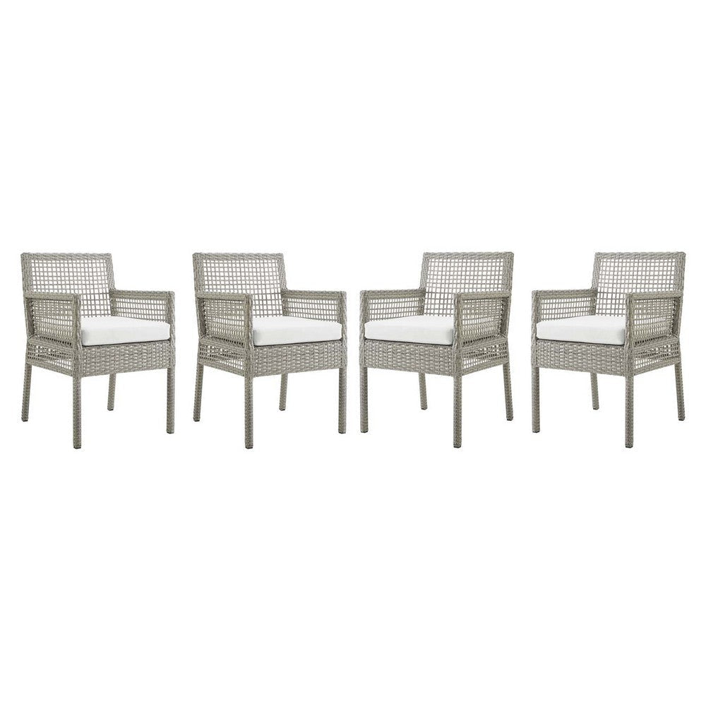 Modway Aura Outdoor Patio Wicker Rattan Set of 4 Dining Armchair in Gray White