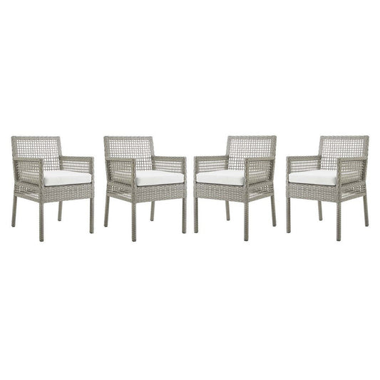 Modway Aura Outdoor Patio Wicker Rattan Set of 4 Dining Armchair in Gray White