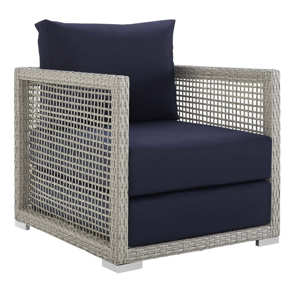 Modway Aura Outdoor Patio Wicker Rattan Side Table and Two Armchairs Gray Navy MDY-EEI-3595-GRY-NAV-SET