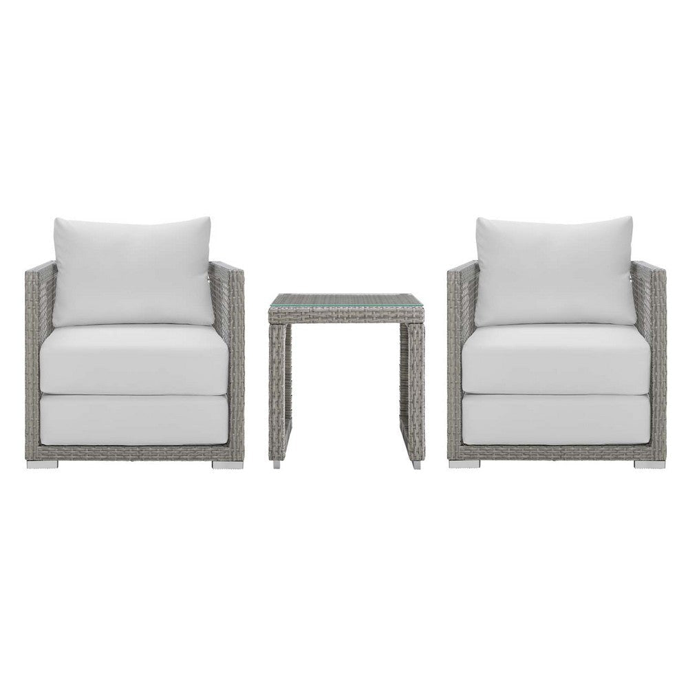 Modway Aura Outdoor Patio Wicker Rattan Side Table and Two Armchairs in Gray White