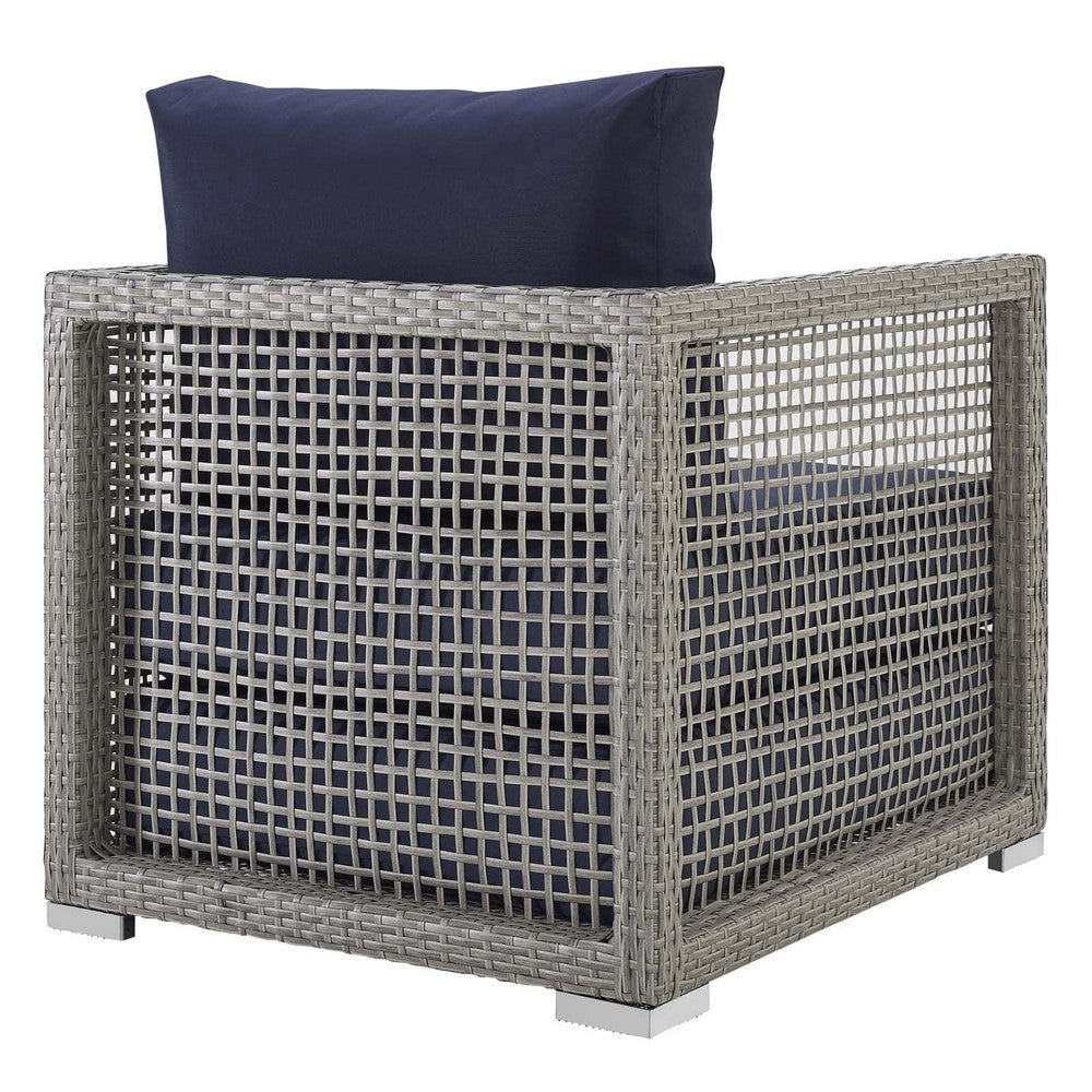 Modway Aura Outdoor Patio Wicker Rattan Armchair and Two Side Tables Gray Navy MDY-EEI-3597-GRY-NAV-SET