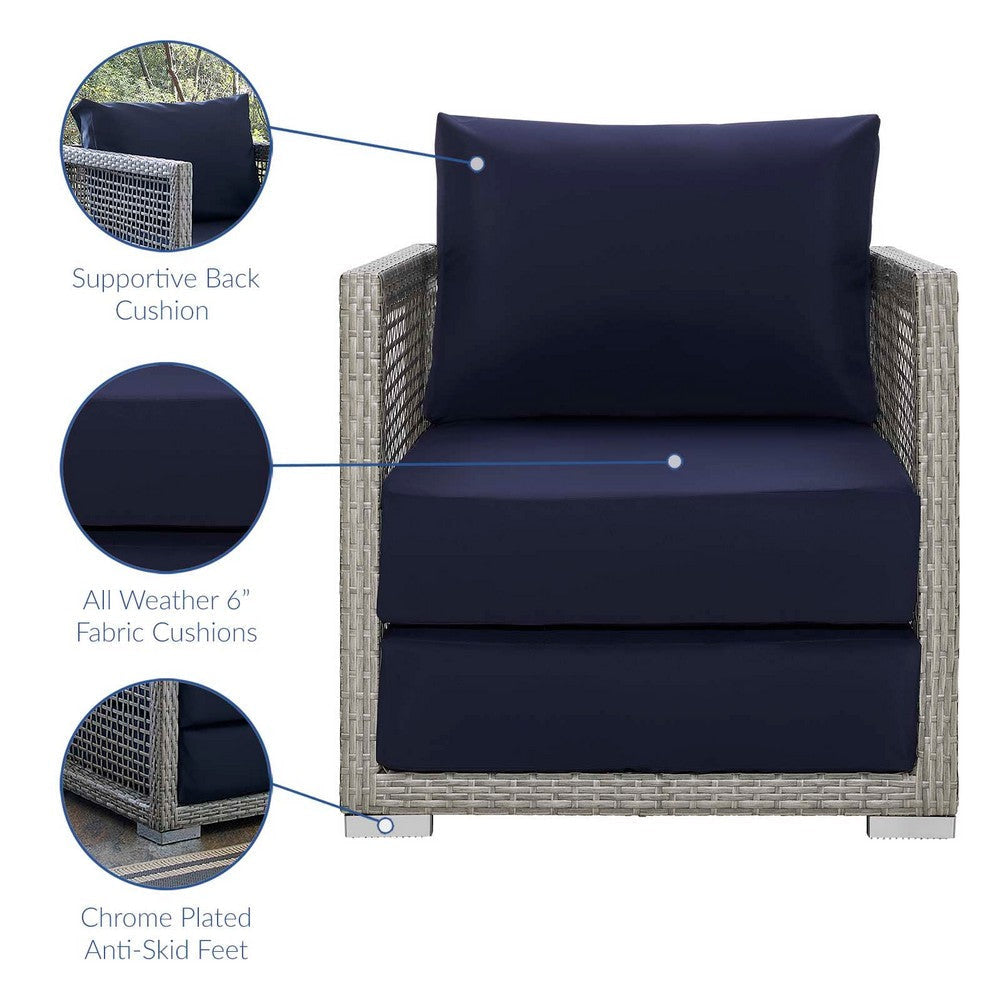 Modway Aura Outdoor Patio Wicker Rattan Armchair and Two Side Tables Gray Navy MDY-EEI-3597-GRY-NAV-SET