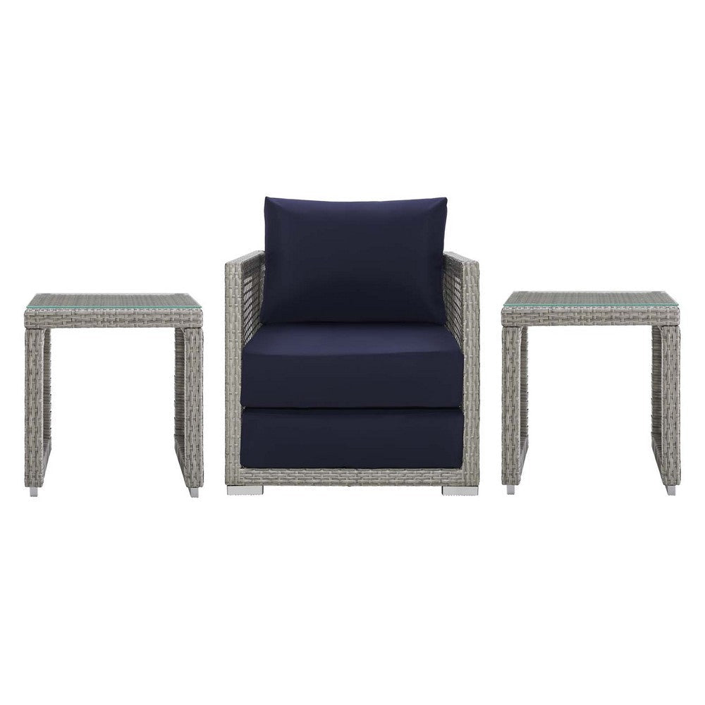 Modway Aura Outdoor Patio Wicker Rattan, Armchair and Two Side Tables, Gray Navy