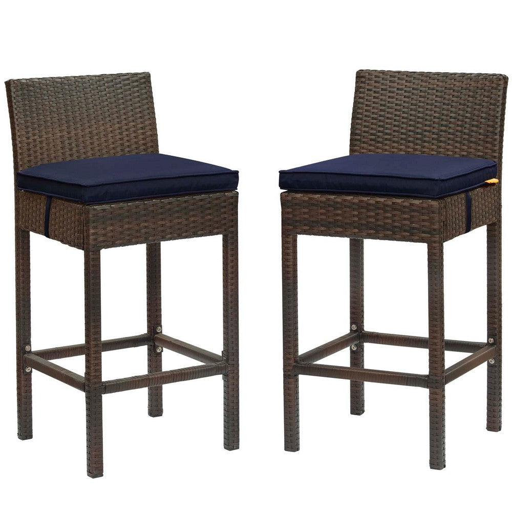 Modway EEI-3603-BRN-NAV Conduit Outdoor Patio Wicker Rattan Set of 2 in Brown Navy, Two Bar Stools