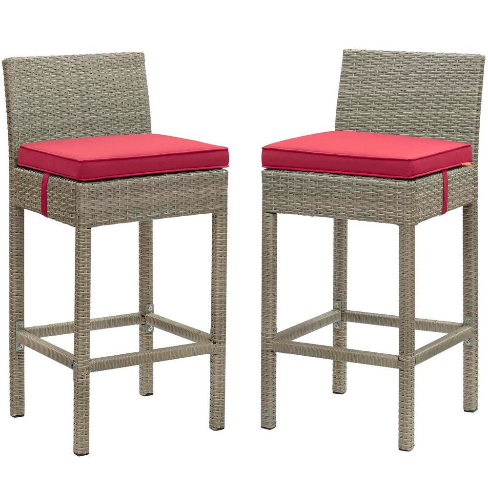 Modway EEI-3604-LGR-RED Conduit Outdoor Patio Wicker Rattan Set of 2, Two Bar Stools, Light Gray Red