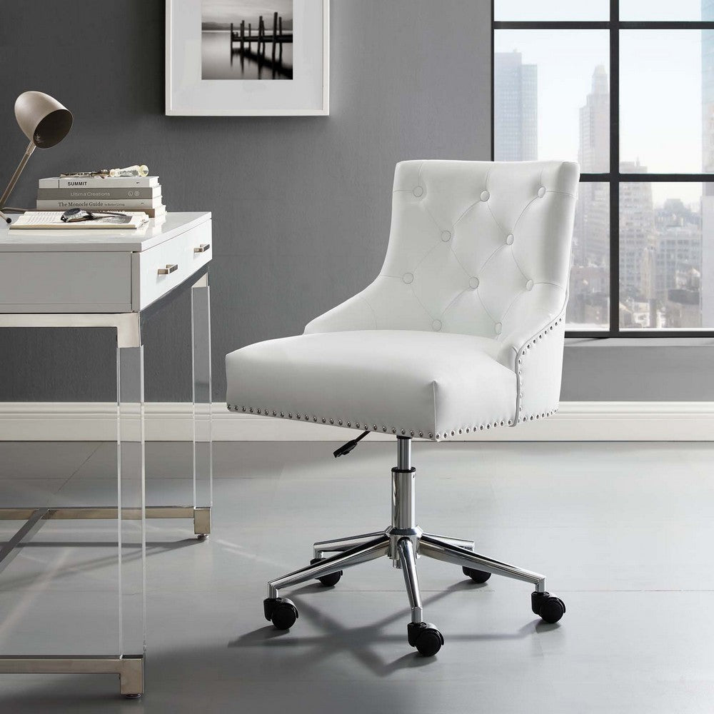 Modway Regent Tufted Button Faux Leather Swivel Office Chair with Nailhead Trim in White