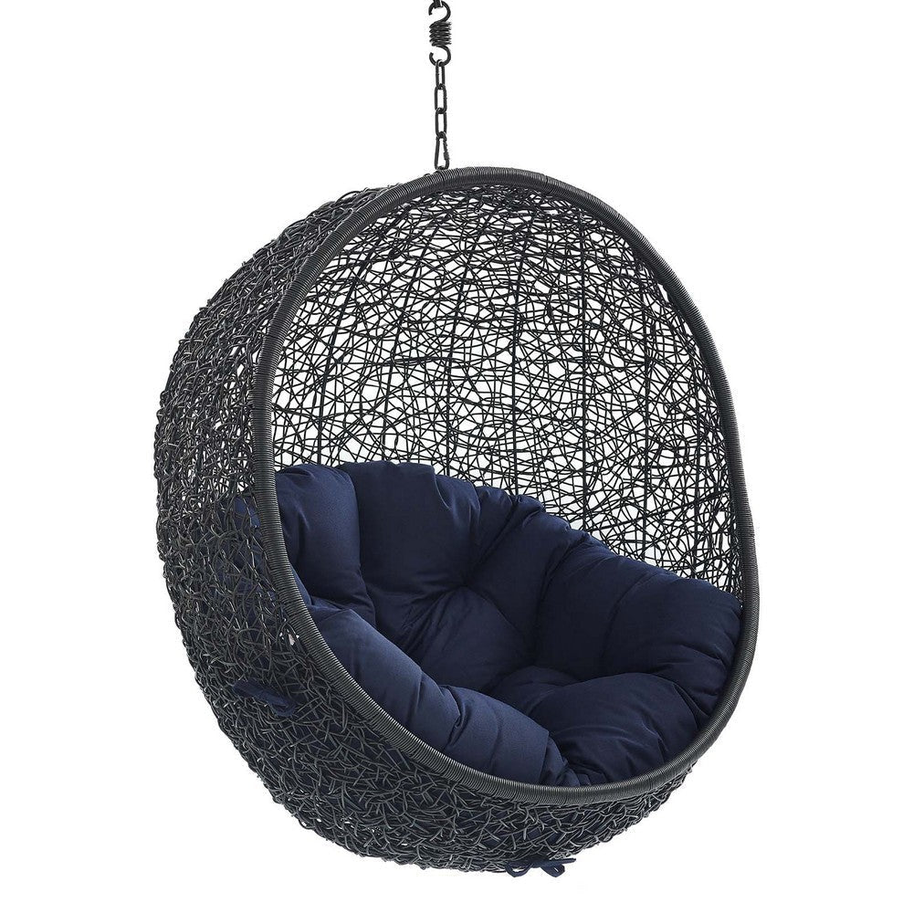 Modway EEI-3635-BLK-NAV Encase Wicker Rattan Outdoor Patio Swing Chair with Hanging Steel Chain in Black Navy MDY-EEI-3635-BLK-NAV